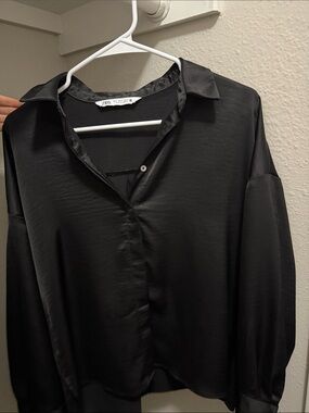Zara Black Satin Button-Down Shirt